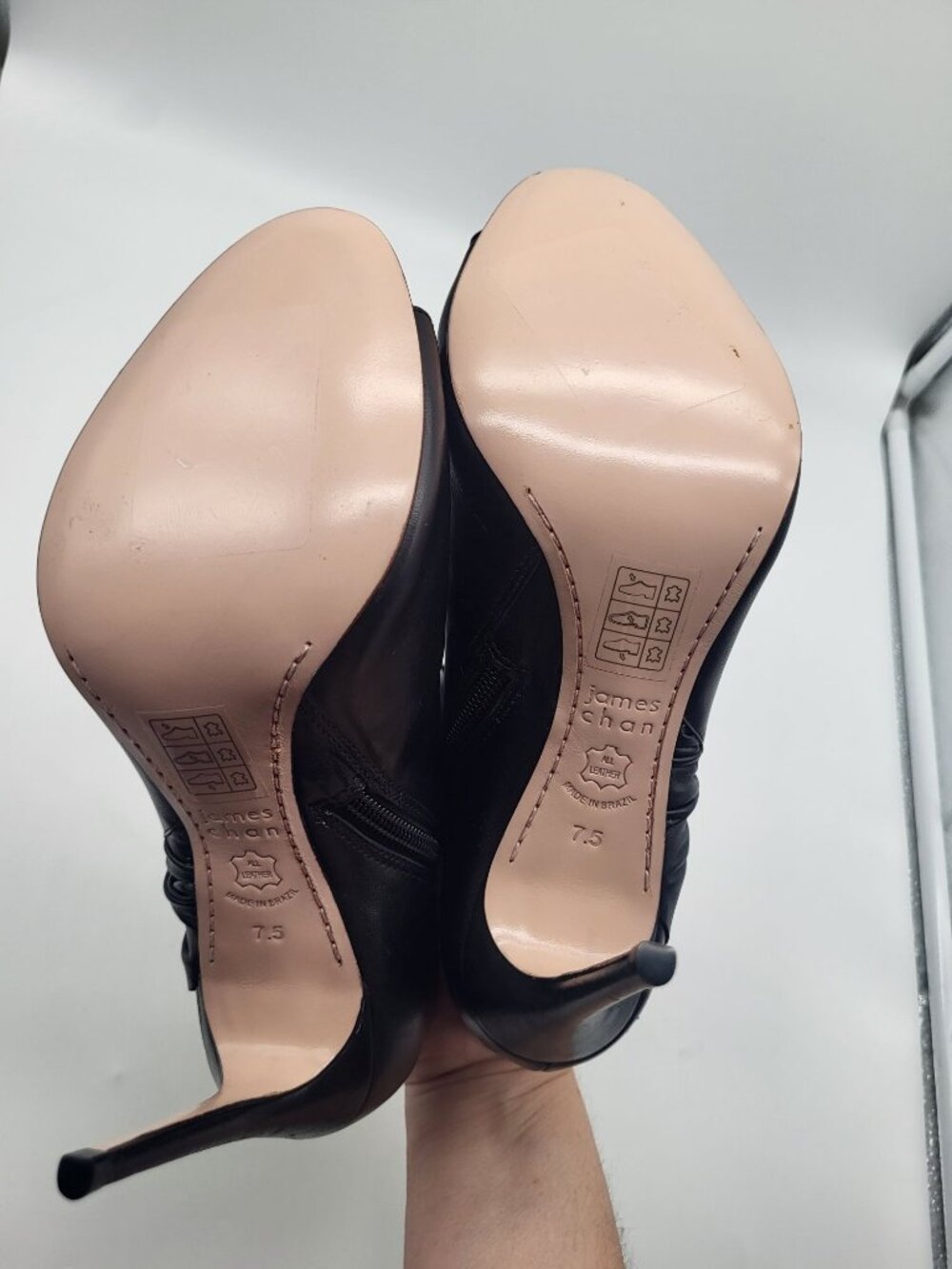 James Chan Women's 7.5 Siggy Peep Toe Pump Stiletto Heel Bootie Black Leather - Picture 10 of 10